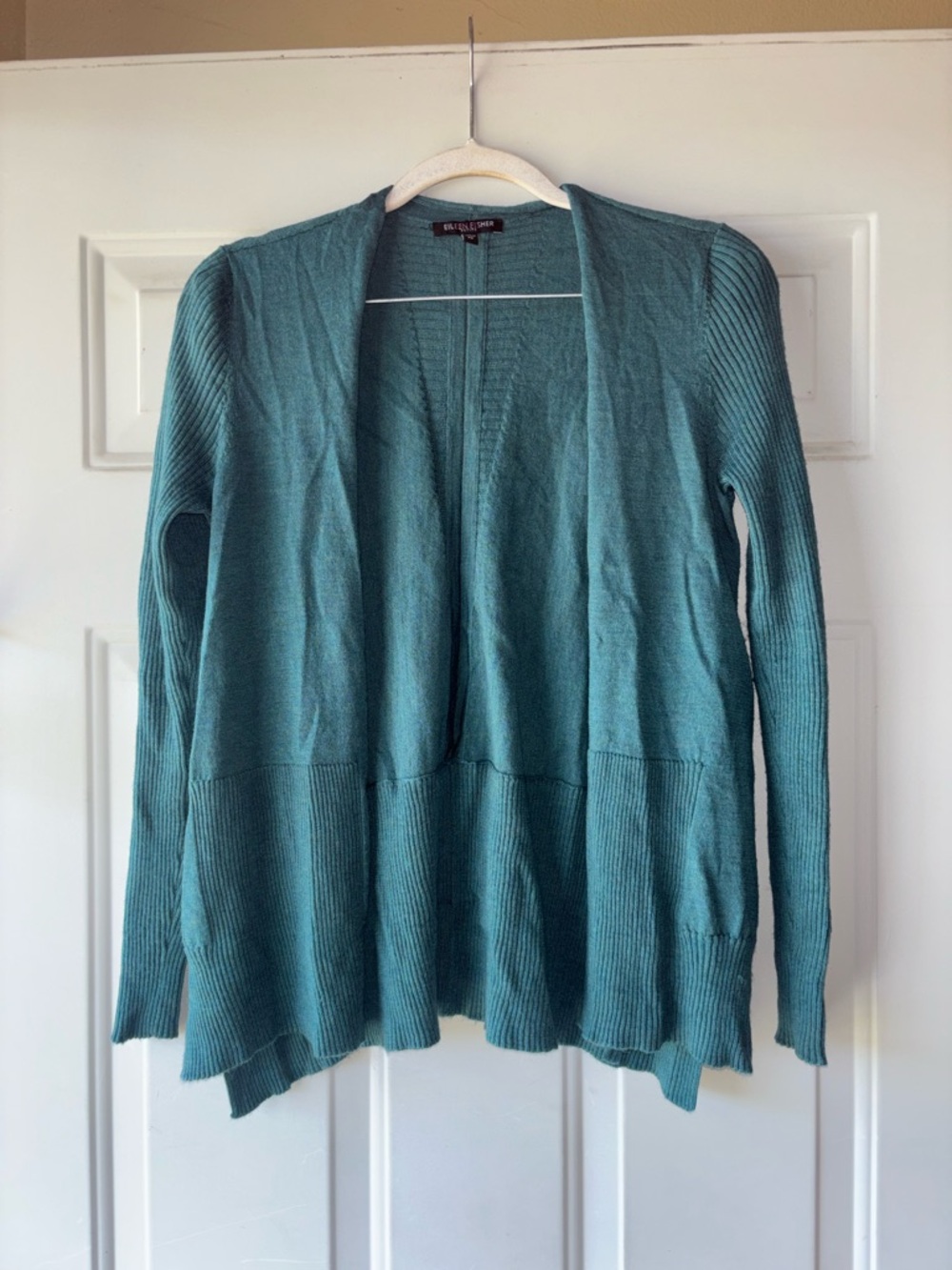 Eileen Fisher green merino wool open cardigan size S Petite